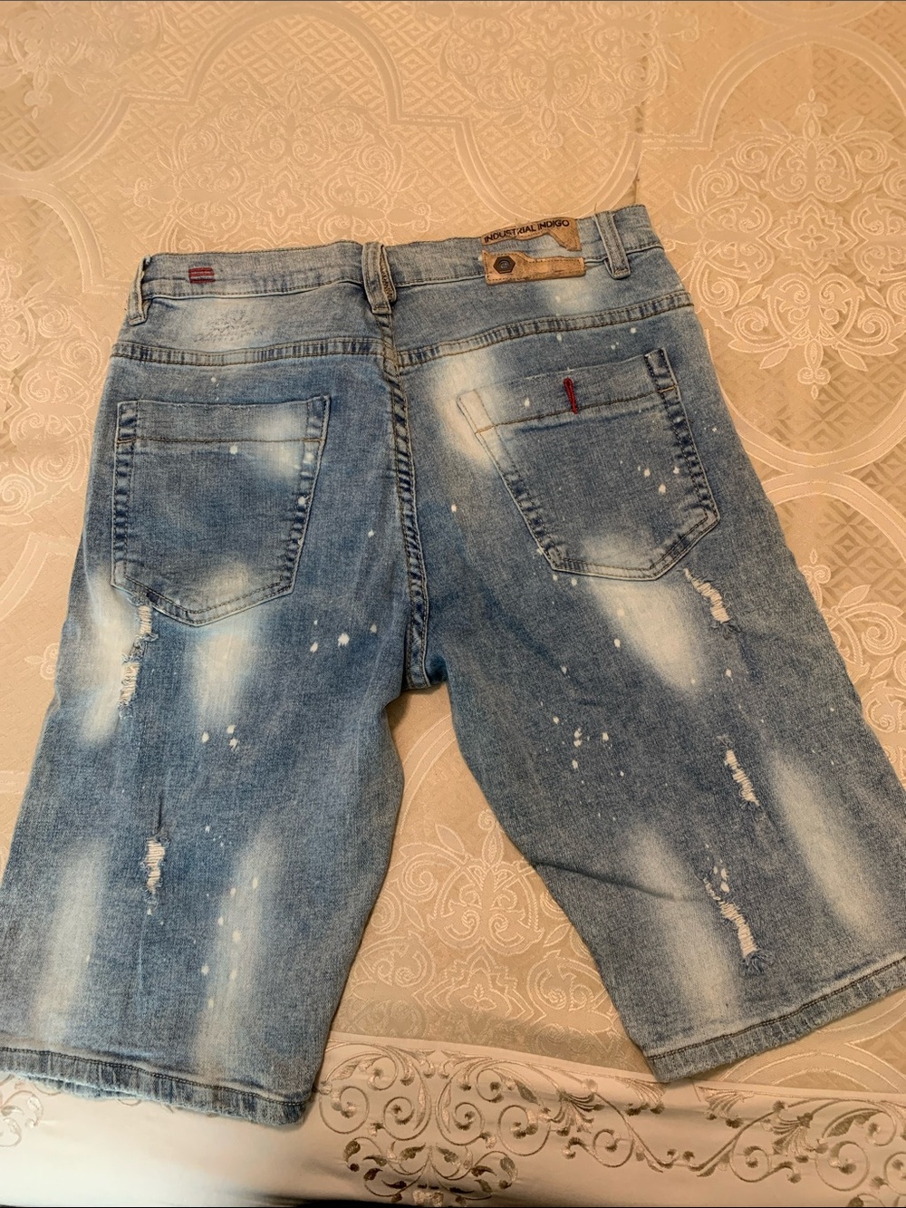Men's Light Blue Distressed Denim Shorts with Embellished Graphic - Picture 6 of 9